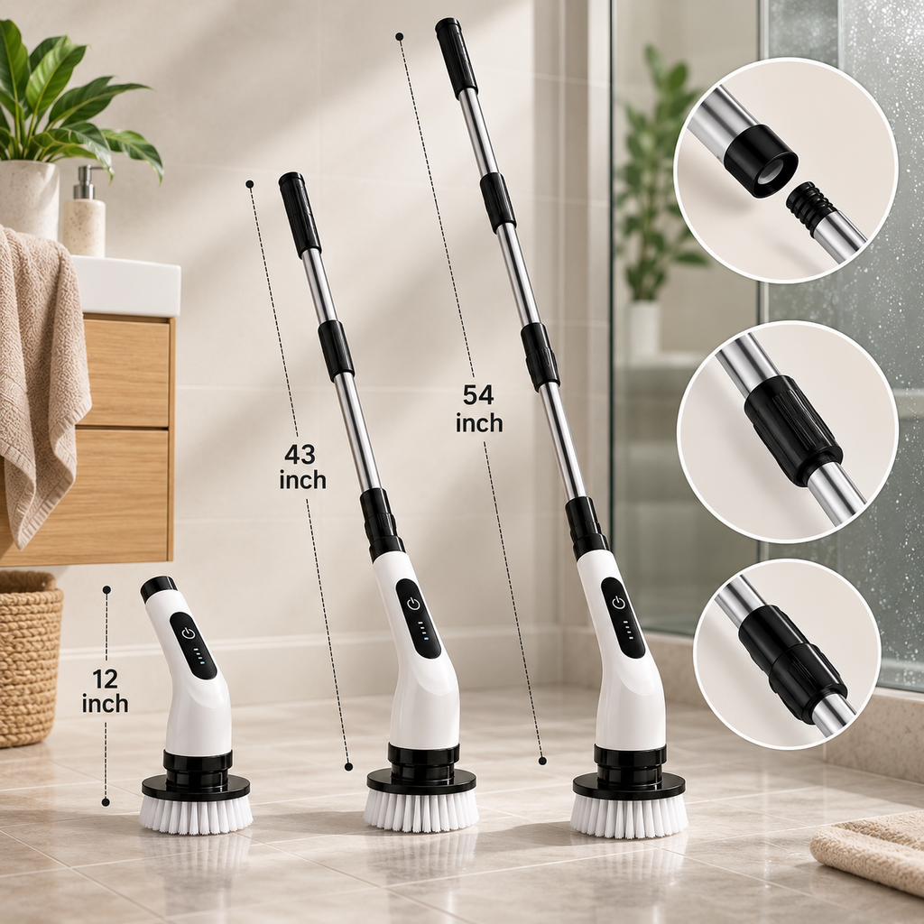 Electric Spin Scrubber- Ditch the Scrubbing! Long Handle Shower Scrubber with 9 Replaceable Heads - 2 Speed Cordless Brush Ensures Long Battery Life, Modern Design! (White)