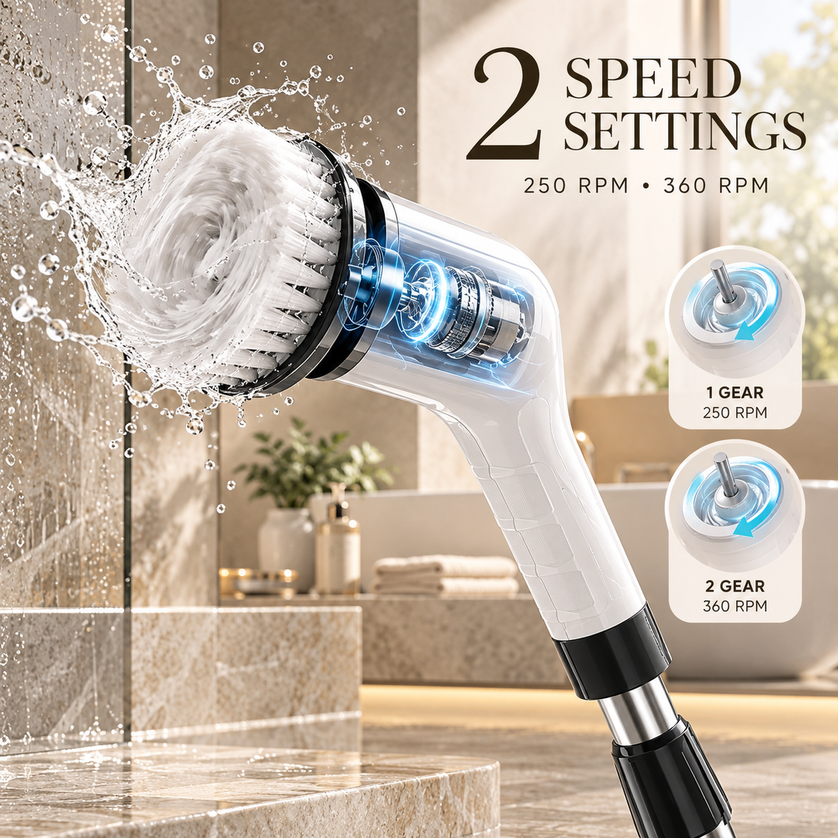 Electric Spin Scrubber- Ditch the Scrubbing! Long Handle Shower Scrubber with 9 Replaceable Heads - 2 Speed Cordless Brush Ensures Long Battery Life, Modern Design! (White)