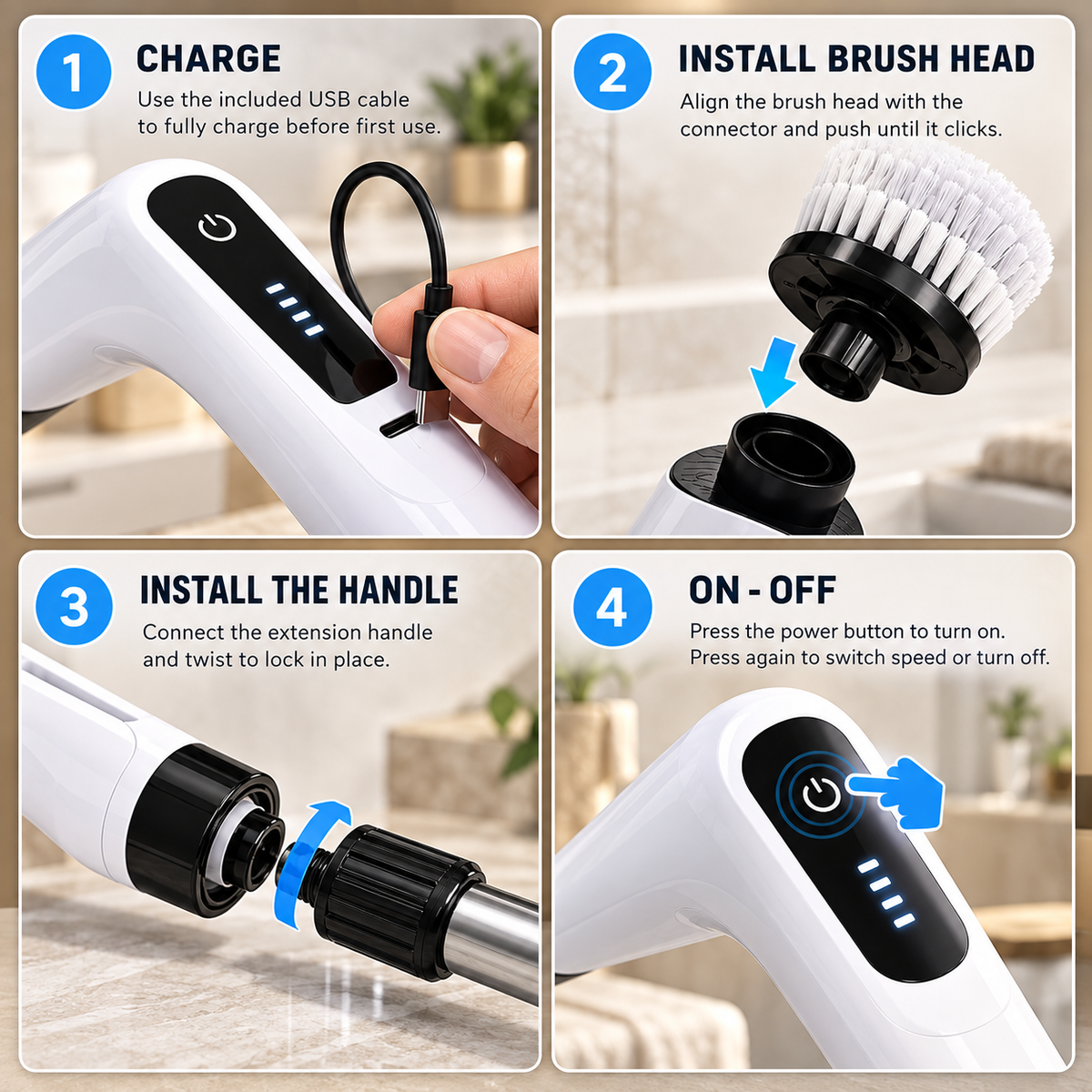 Electric Spin Scrubber- Ditch the Scrubbing! Long Handle Shower Scrubber with 9 Replaceable Heads - 2 Speed Cordless Brush Ensures Long Battery Life, Modern Design! (White)