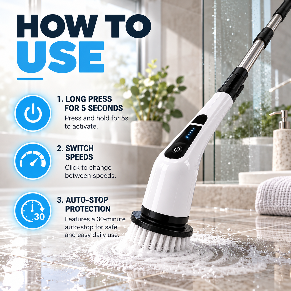 Electric Spin Scrubber- Ditch the Scrubbing! Long Handle Shower Scrubber with 9 Replaceable Heads - 2 Speed Cordless Brush Ensures Long Battery Life, Modern Design! (White)