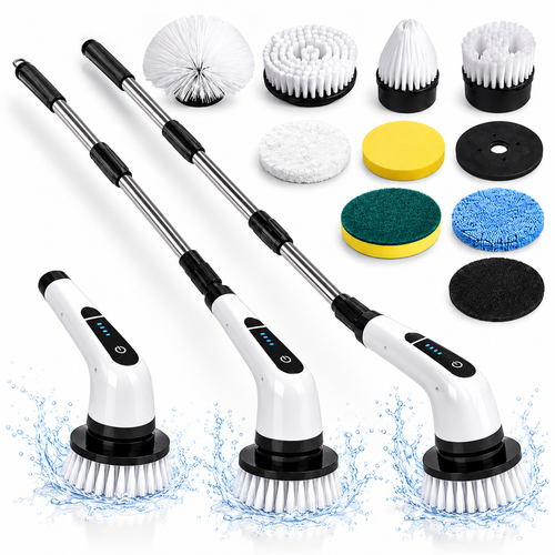 Electric Spin Scrubber- Ditch the Scrubbing! Long Handle Shower Scrubber with 9 Replaceable Heads - 2 Speed Cordless Brush Ensures Long Battery Life, Modern Design! (White)