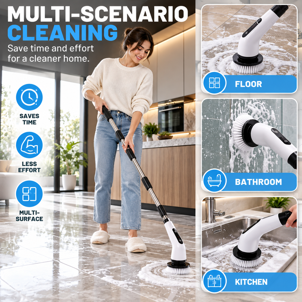 Electric Spin Scrubber- Ditch the Scrubbing! Long Handle Shower Scrubber with 9 Replaceable Heads - 2 Speed Cordless Brush Ensures Long Battery Life, Modern Design! (White)